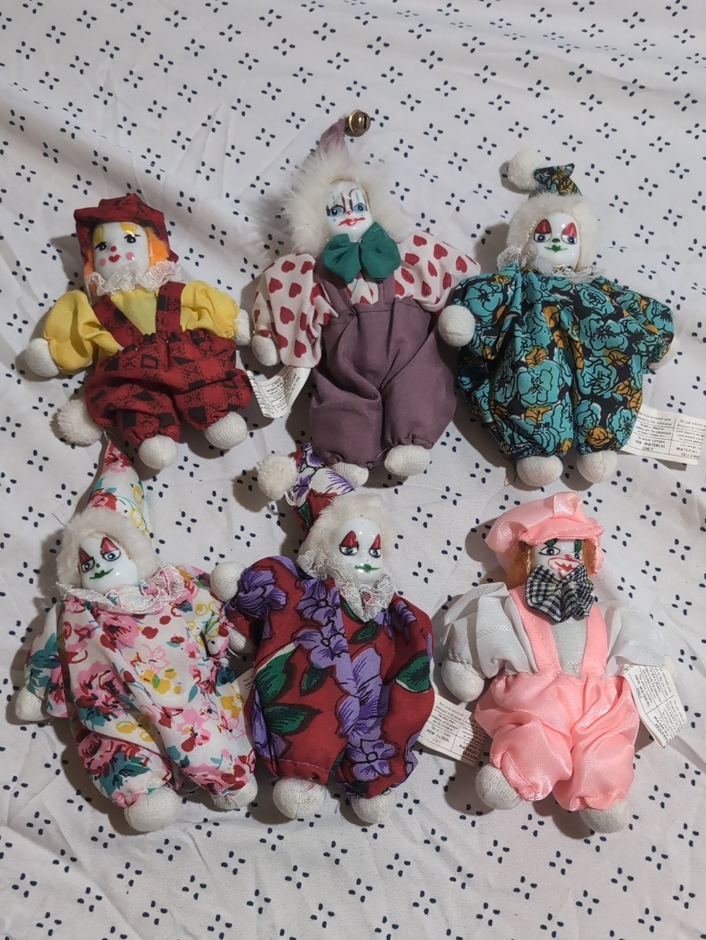 Set of 6 Colorful Vintage Cloth Clown Hobo Dolls Porcelain faces *BIN